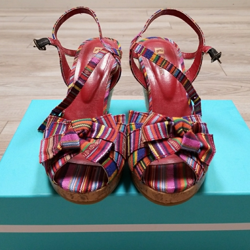 White Mountain Multicolor Striped Bow Cork Platform Heels